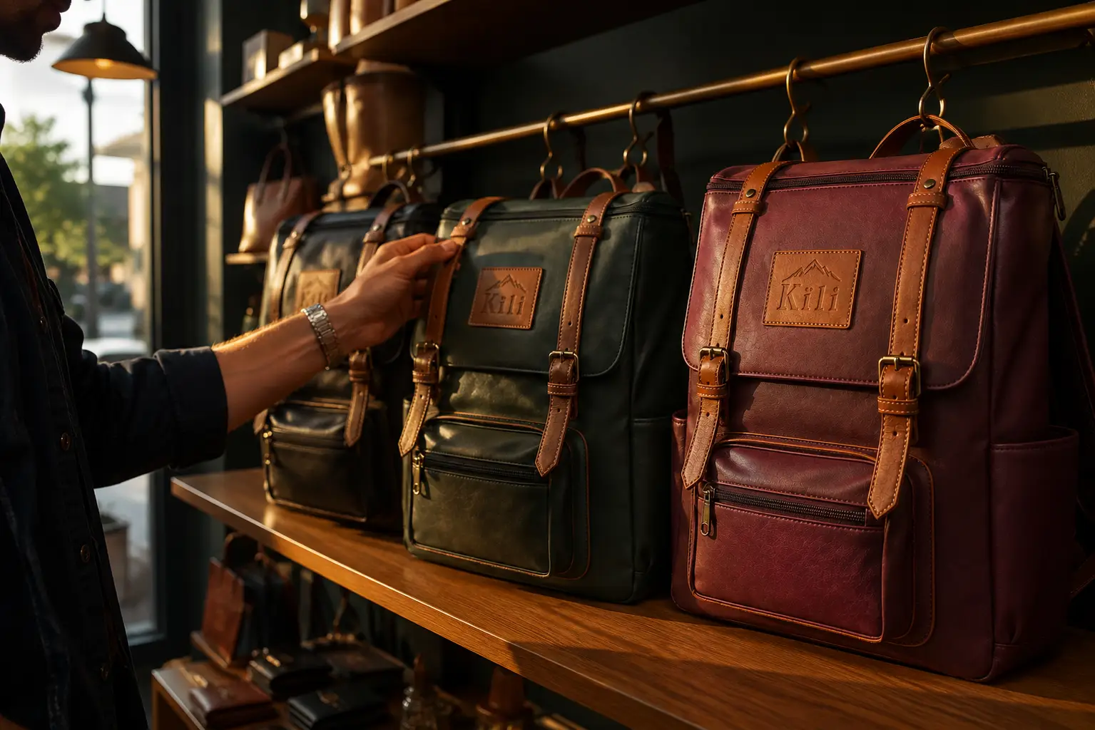 Kïli heritage backpacks displayed in a premium retail boutique