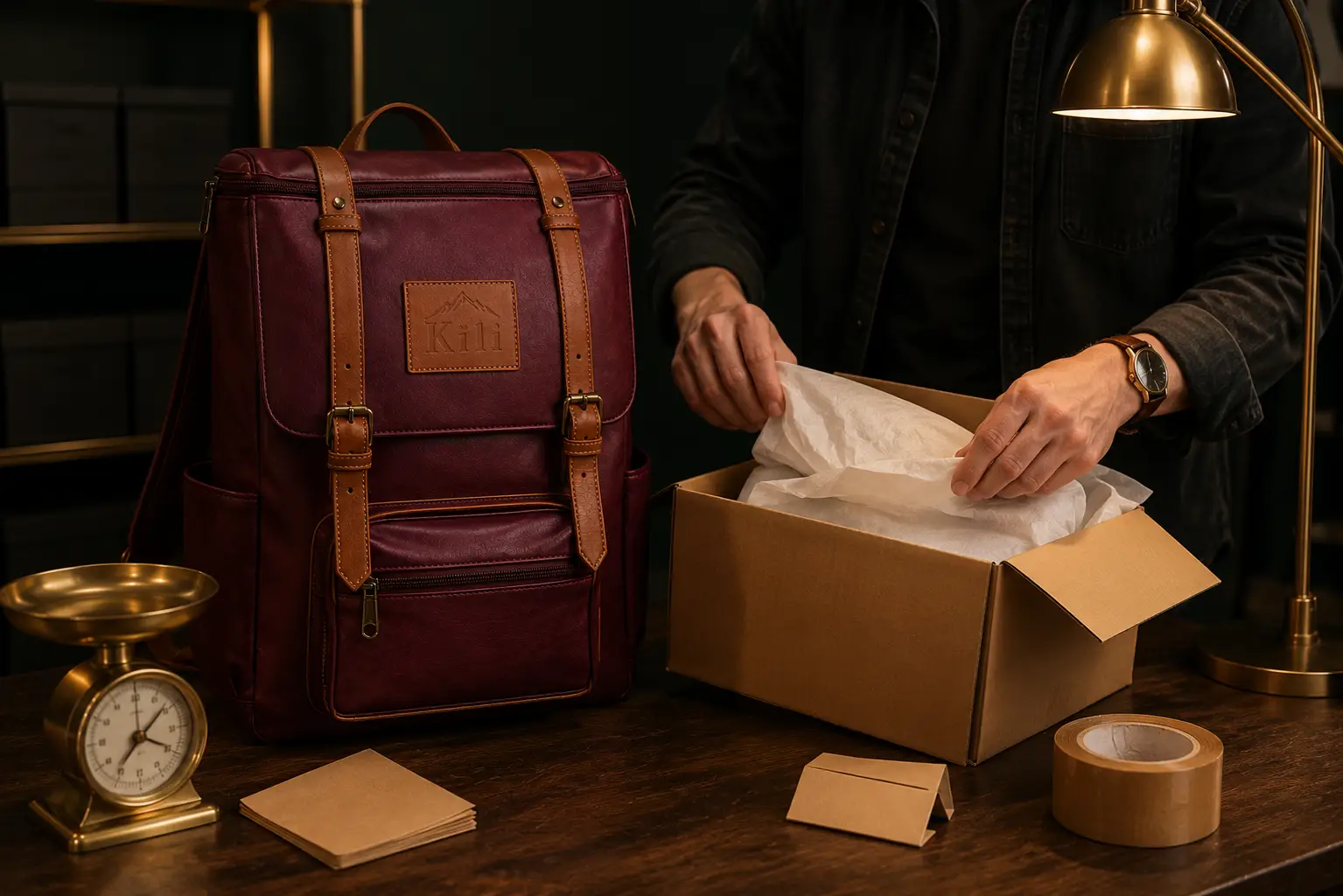 Kïli heritage backpack being packed for online shipping