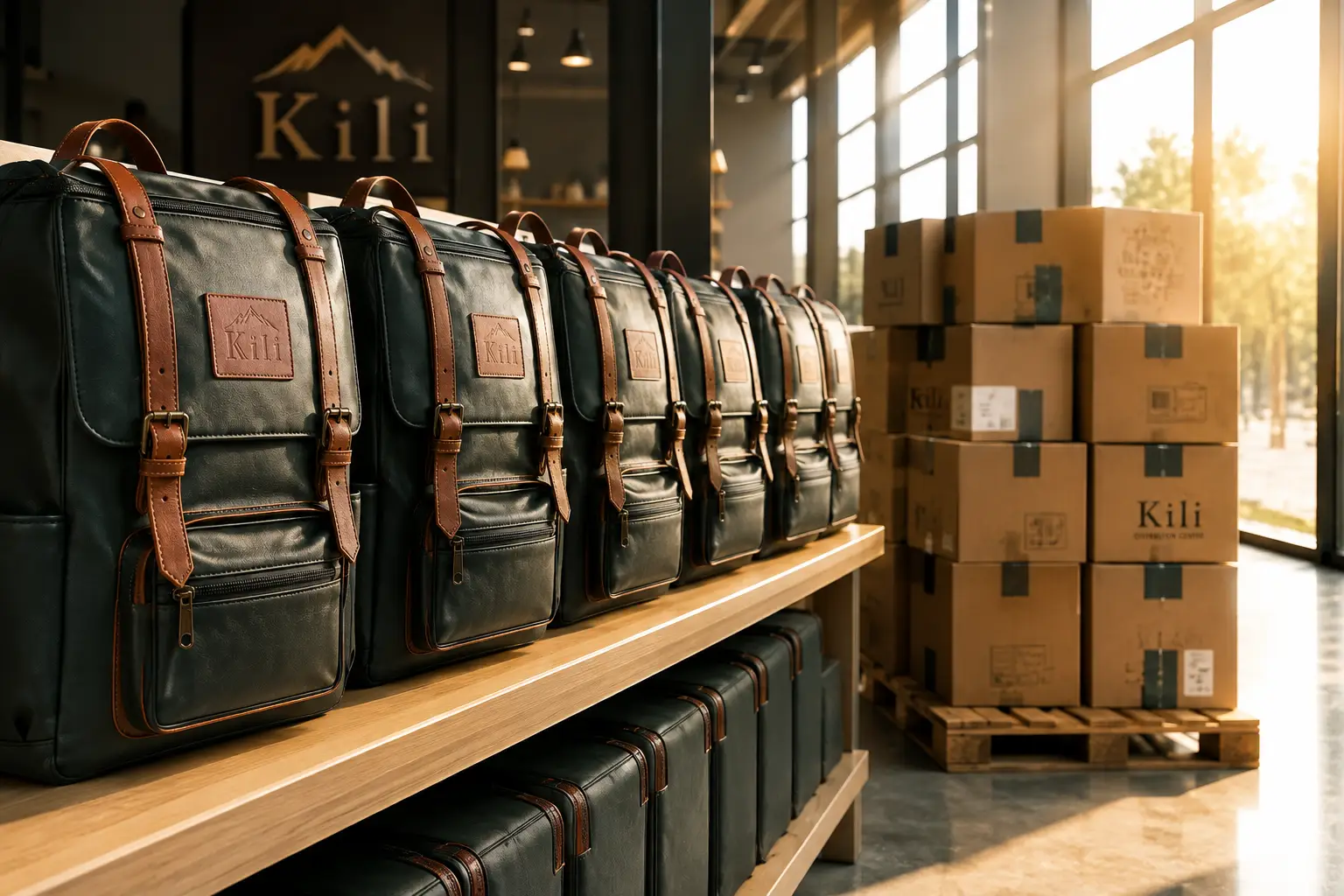 Kïli heritage backpacks ready for distribution in a clean logistics hub